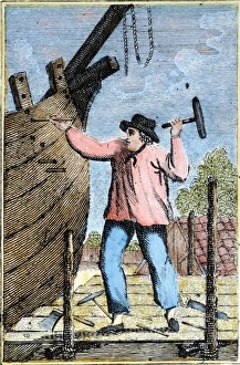 COLONIAL SHIPWRIGHT. A colonial American shipwright. Line engraving, late 18th century COLONIAL SHIPWRIGHT. A colonial American shipwright. Line engraving, late 18th century