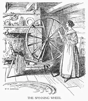 Thirteen Colonies Collection: COLONIAL SPINNER. Spinning at the hearth of a colonial American home in the 18th century