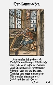 COMB MAKER, 1568. Woodcut, 1568, by Jost Amman COMB MAKER, 1568. Woodcut, 1568, by Jost Amman