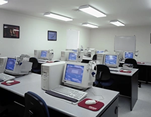 Educational Setting Prints: COMPUTER LAB, c1990. Computer lab at a school. Photograph by Carol M. Highsmith, c1990