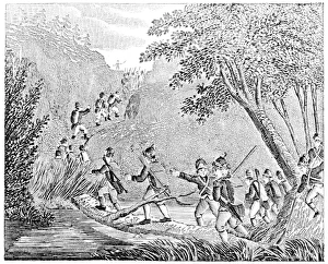 Continental Army soldiers, lead by Benedict Arnold, marching through the Maine wilderness Continental Army soldiers, lead by Benedict Arnold, marching through the Maine wilderness