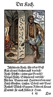 COOKING, 1568. The Cook. Colored woodcut by Jost Amman, 1568 COOKING, 1568. The Cook. Colored woodcut by Jost Amman, 1568
