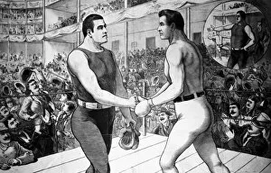 Spectator Collection: CORBETT & SULLIVAN, 1892. James J. ( Gentleman Jim ) Corbett (right) shakes hands with John L