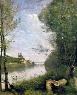 COROT: CATHEDRAL, c1855-60. Distant View of Mantes Cathedral. Oil on canvas by Jean-Baptiste Camille Corot, c1855-60