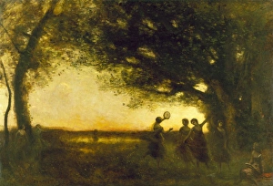 COROT: EVENING, 1875. 'Pleasures of Evening.' Oil in canvas by Jean-Baptiste Camille Corot COROT: EVENING, 1875. 'Pleasures of Evening.' Oil in canvas by Jean-Baptiste Camille Corot