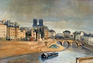 COROT: ORFEVRES QUAI. The Quai in Orfevres and the St. Michel Bridge. Oil on canvas by Jean-Baptiste Camille Corot