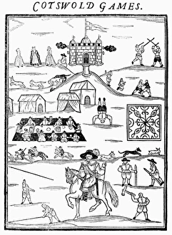 COTSWOLD GAMES, 1636. The annual Cotswold Games. Woodcut frontispiece for Annalia COTSWOLD GAMES, 1636. The annual Cotswold Games. Woodcut frontispiece for Annalia