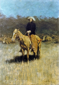 COWBOY SINGING. A cowboy singing to his herd at night. Oil on canvas by an unknown COWBOY SINGING. A cowboy singing to his herd at night. Oil on canvas by an unknown