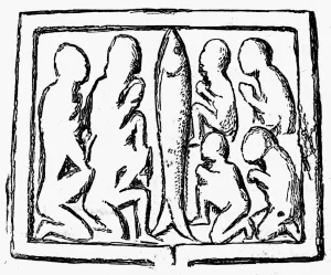 CROSS OF KELLS. Eight men praying to a divine fish. Line engraving after a detail CROSS OF KELLS. Eight men praying to a divine fish. Line engraving after a detail
