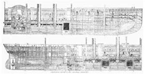 Cross section of the British steamship Great Eastern, christened Leviathan in 1857. Wood engraving, English, 1858