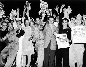 A crowd in New York Citys Times Square in the early morning hours of 14 August 1945 celebrates the reported Japanese surrender and end of World War II