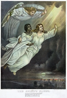 CURRIER AND IVES: GHOST. The Spirits Flight'. An angel hovers above two spirits in CURRIER AND IVES: GHOST. The Spirits Flight'. An angel hovers above two spirits in