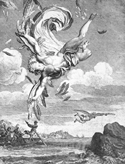 DAEDALUS AND ICARUS. The Fall of Icarus. Copper engraving, 1731, by Bernard Picart DAEDALUS AND ICARUS. The Fall of Icarus. Copper engraving, 1731, by Bernard Picart