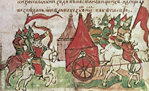 DEFENSE OF KIEV. Warriors setting out from Kiev to fight plundering Cuman nomads DEFENSE OF KIEV. Warriors setting out from Kiev to fight plundering Cuman nomads