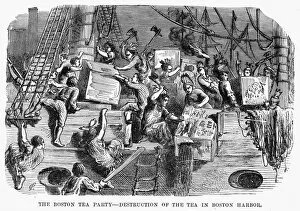 Boston Tea Party Collection: Destruction of the tea in Boston Harbor, 16 December 1773. Wood engraving, 19th century