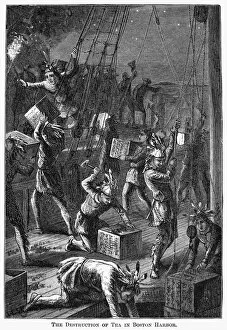 Boston Tea Party Collection: The destruction of tea in Boston Harbor, 16 December 1773. Wood engraving, American, 19th century