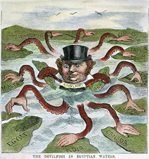 Invertebrate Gallery: The Devilfish in Egyptian Waters. An American cartoon from 1882 depicting John Bull (England)