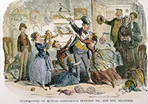 Charles Dickens Prints: 19th Century Print of a Happy Family Scene at the Micawbers' Home