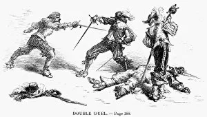 DOUBLE DUEL. Line engraving, 19th century