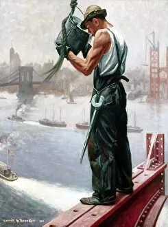 A Drink of Water. A construction worker on the Manhattan bridge stops for a drink of water. Oil on canvas by Gerrit A