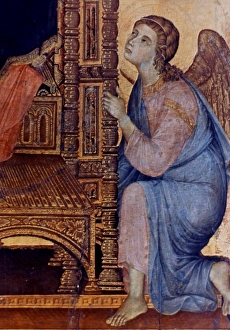 DUCCIO: MADONNA ENTHRONED. Detail of angel DUCCIO: MADONNA ENTHRONED. Detail of angel