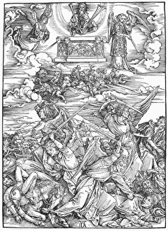DURER: APOCALYPSE. The Battle of the Angels (Revelation IX, 13-19). Woodcut, 1498 DURER: APOCALYPSE. The Battle of the Angels (Revelation IX, 13-19). Woodcut, 1498