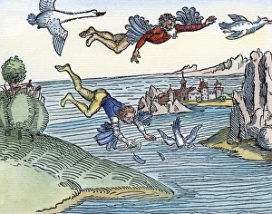 DURER: DAEDALUS & ICARUS. Daedalus and Icarus. Colored woodcut, 1493, by Albrecht Durer DURER: DAEDALUS & ICARUS. Daedalus and Icarus. Colored woodcut, 1493, by Albrecht Durer