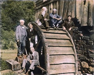 EDISON & FRIENDS, 1918. Thomas A. Edison and friends on a camping trip at an old EDISON & FRIENDS, 1918. Thomas A. Edison and friends on a camping trip at an old