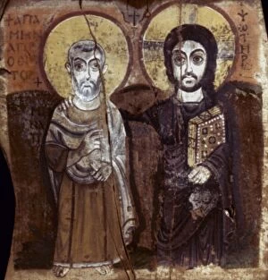 EGYPT: COPTIC ART: CHRIST and abbot Mena. Painting on wood, 7th century A.D