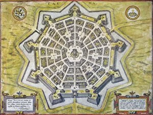 Street Collection: Engraved map, 1598, of the heavily-fortified city of Palmanova, Italy