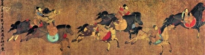 Equestrian acrobats in a Mongol circus. Left detail of a painted silk handscroll Equestrian acrobats in a Mongol circus. Left detail of a painted silk handscroll