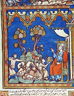 ESAU. Esaus offering of meat (Genesis 27: 30-35). French manuscript illumination ESAU. Esaus offering of meat (Genesis 27: 30-35). French manuscript illumination