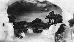 ESKIMO IGLOO. The interior of an Eskimo igloo with a man and his dog inside. Photograph