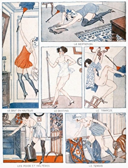 EXERCISE AT HOME, 1921. The benefits of not having a maid and having to do the EXERCISE AT HOME, 1921. The benefits of not having a maid and having to do the