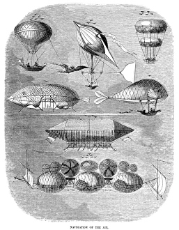 Fanciful airships and flying machines. Wood engraving, American, 1856 Fanciful airships and flying machines. Wood engraving, American, 1856