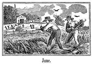 FARMERS MOWING. Two farmers mowing hay with scythes. Wood engraving, 19th century FARMERS MOWING. Two farmers mowing hay with scythes. Wood engraving, 19th century