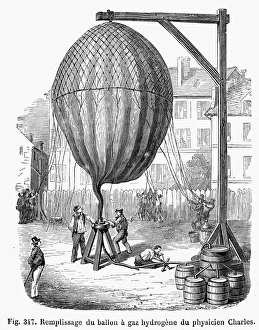Filling Jacques Alexandre Cesar Charles' balloon with hydrogen gas, c1783. Wood engraving Filling Jacques Alexandre Cesar Charles' balloon with hydrogen gas, c1783. Wood engraving
