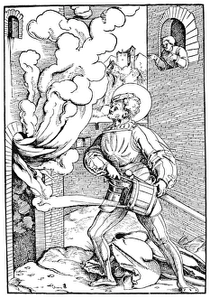 FIRE, 16TH CENTURY. Saint Florian, patron saint of firefighters. German woodcut FIRE, 16TH CENTURY. Saint Florian, patron saint of firefighters. German woodcut