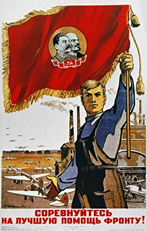 'Follow This Worker's Example/Produce More for the Front.' Soviet World War II poster 'Follow This Worker's Example/Produce More for the Front.' Soviet World War II poster