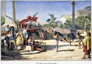 The foot race event at the Olympic games of ancient Greece. Line engraving, German The foot race event at the Olympic games of ancient Greece. Line engraving, German