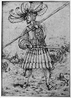 FOOT SOLDIER, c1510. 'Foot Soldier in a Landscape.' Drawing from the Danube School FOOT SOLDIER, c1510. 'Foot Soldier in a Landscape.' Drawing from the Danube School