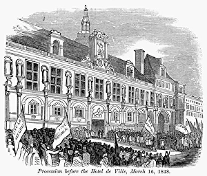 FRANCE: REVOLUTION OF 1848. Procession before the Hotel de Ville, 16 March 1848. Contemporary wood engraving FRANCE: REVOLUTION OF 1848. Procession before the Hotel de Ville, 16 March 1848. Contemporary wood engraving