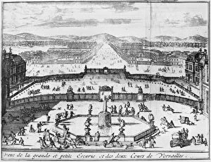 Palace of Versailles Collection: FRANCE: VERSAILLES, 1687. The avenue, two stables, gates and two courtyards seen from the Palace
