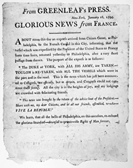 FRANCE: VICTORIES, 1794. Glorious News from France. Republican Broadside, New York FRANCE: VICTORIES, 1794. Glorious News from France. Republican Broadside, New York