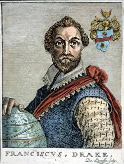 FRANCIS DRAKE (1540?-1596). English admiral. Woodcut, Flemish, 1695