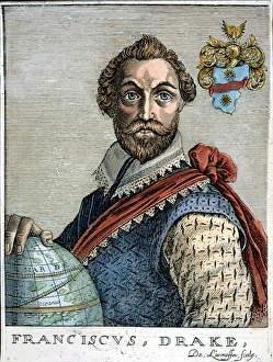 FRANCIS DRAKE (1540?-1596). English admiral. Woodcut, Flemish, 1695 FRANCIS DRAKE (1540?-1596). English admiral. Woodcut, Flemish, 1695
