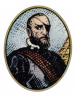 FRANCISCO DE ORELLANA (c1500-1546). Spanish soldier and explorer. Woodcut, 16th century FRANCISCO DE ORELLANA (c1500-1546). Spanish soldier and explorer. Woodcut, 16th century