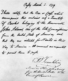 FRANKLIN LETTER, 1779. Letter from Benjamin Franklin, minister to the Court of France FRANKLIN LETTER, 1779. Letter from Benjamin Franklin, minister to the Court of France
