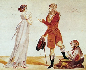 FRENCH FASHION, c1795. The Boot Waxer. A meeting between a Merveilleuse and an Incroyable FRENCH FASHION, c1795. The Boot Waxer. A meeting between a Merveilleuse and an Incroyable