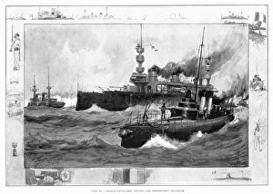 FRENCH NAVAL SHIPS, 1902. A French battleship, cruiser, and submarine. Illustration FRENCH NAVAL SHIPS, 1902. A French battleship, cruiser, and submarine. Illustration